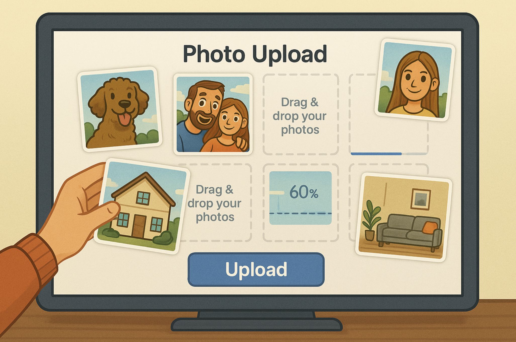Upload & Arrange Your Photos - Drag and drop photo interface showing family photos, pets, and home