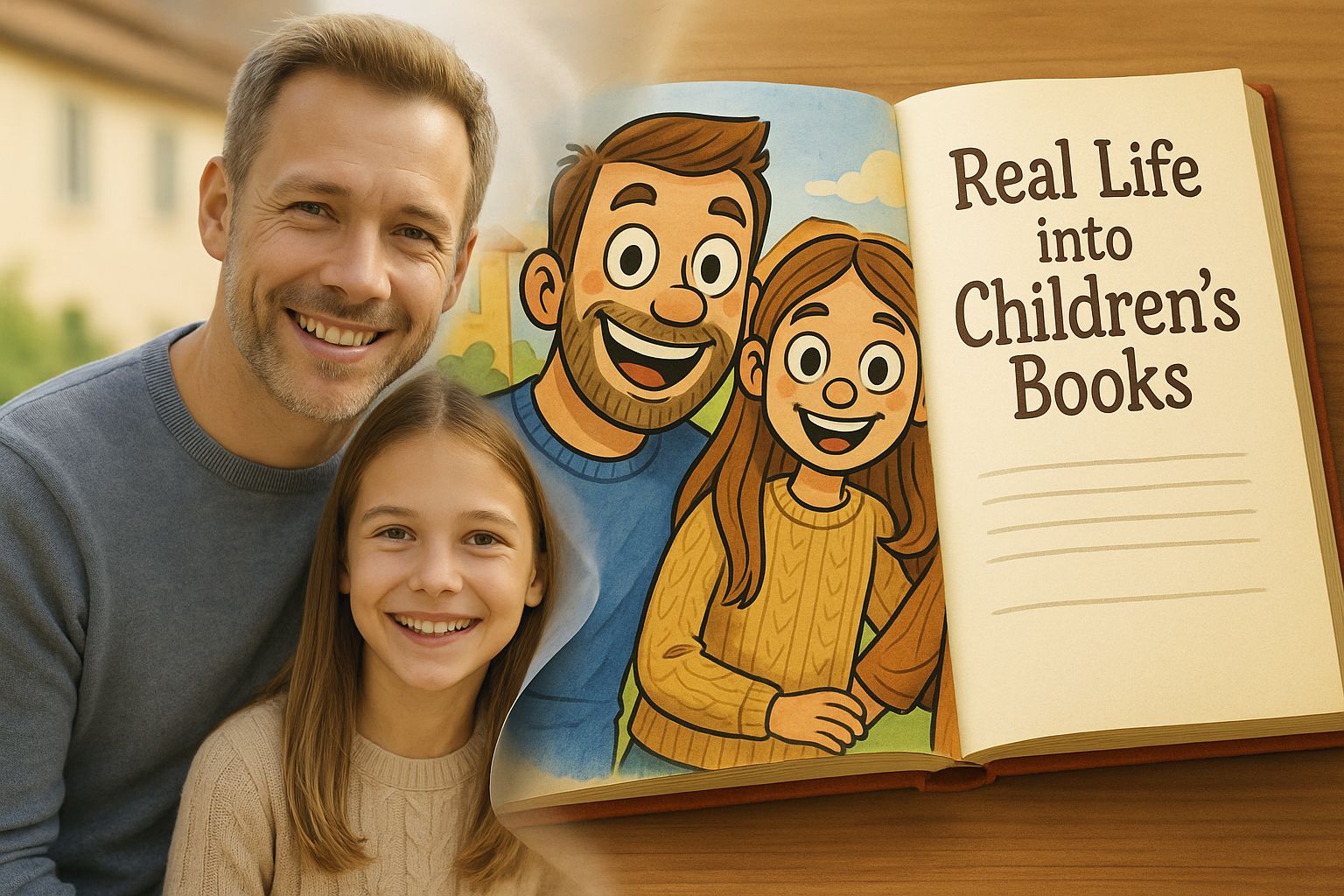 Transform Images with AI - Real father and daughter transformed into children's book characters