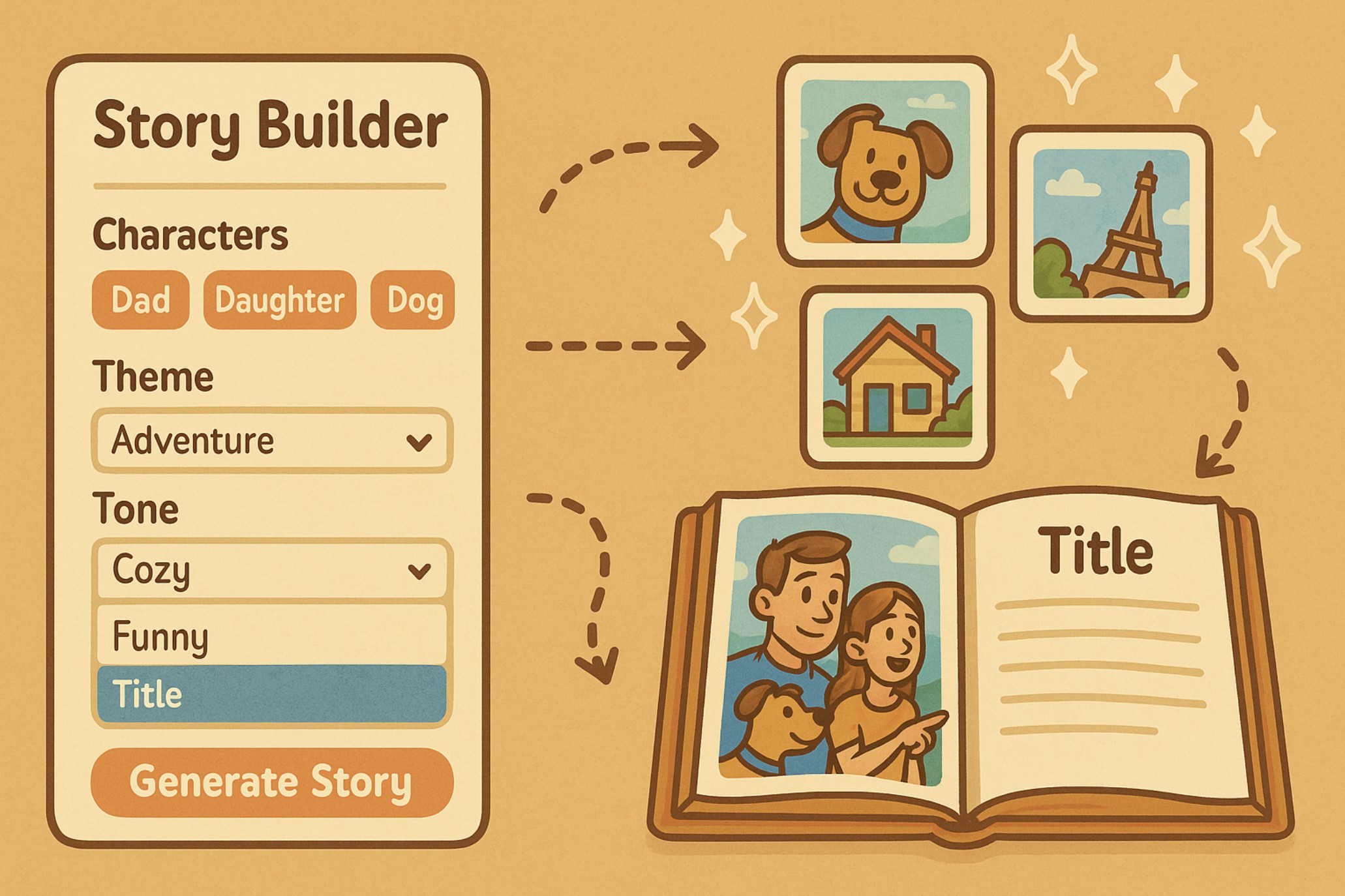 Create Your Personalized Story - Story Builder interface showing character selection, themes, and customization options