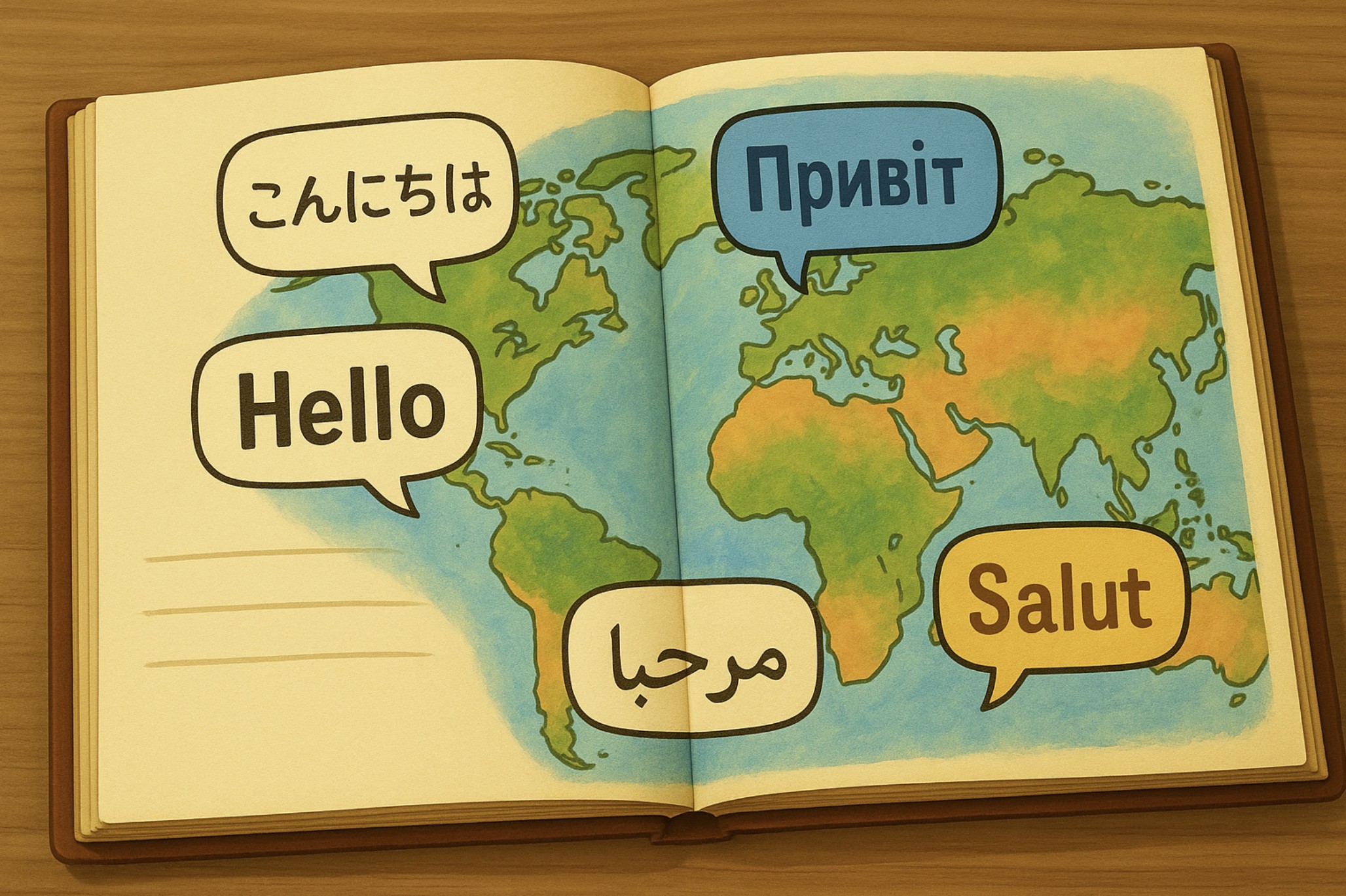 Add Multiple Languages - Multilingual children's book showing 'Hello' in different languages on a world map