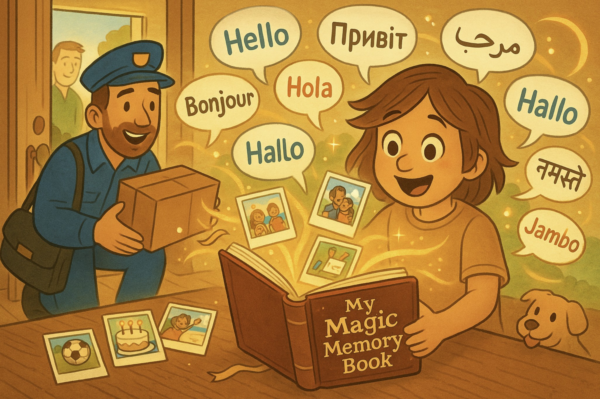 Receive Your Physical Book - Happy child receiving personalized multilingual book delivery from mailman with greetings in different languages