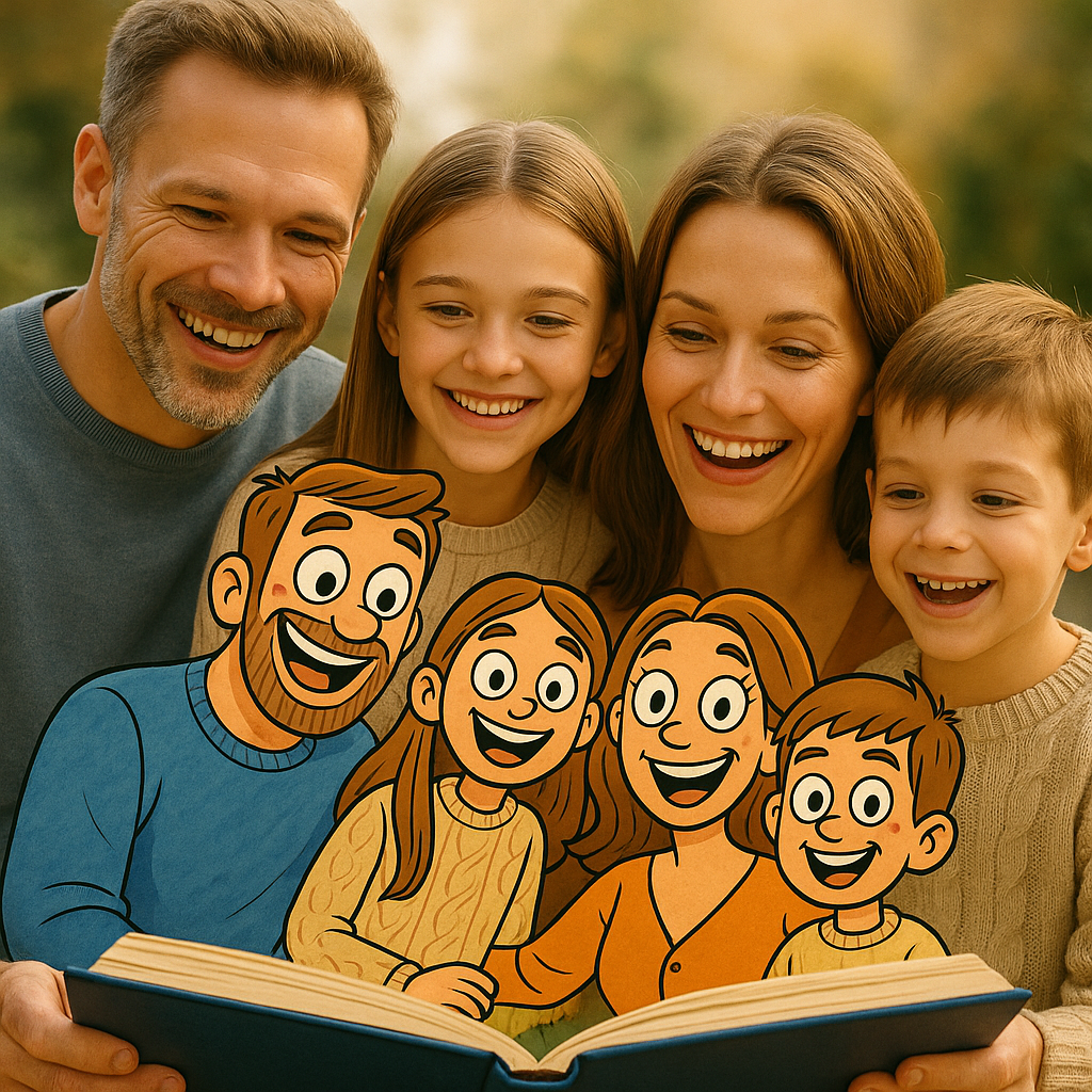 Happy family with their personalized children's book characters